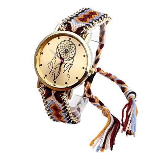 JSDDE Uhren,Damen Ethnisch Dreamcatcher Traumfaenger Freundschaft Braid Armbanduhr gewebte Seil Band Quarzuhr,Orange+Schwarz - 2