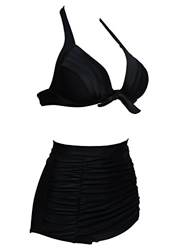 Damen Retro Badeanzug Bademode Bikini Set, schwarz,3XL - 2