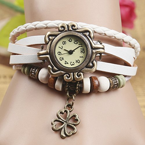 Demarkt Retro Vintage Klee Design Damen Armbanduhr Armreif Uhr Anhänger Spangenuhr Quarzuhren (Weiß) - 3