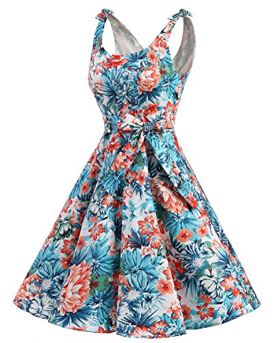 bbonlinedress 1950er Vintage Polka Dots Pinup Retro Rockabilly Kleid Cocktailkleider Blue Red Flower S - 2