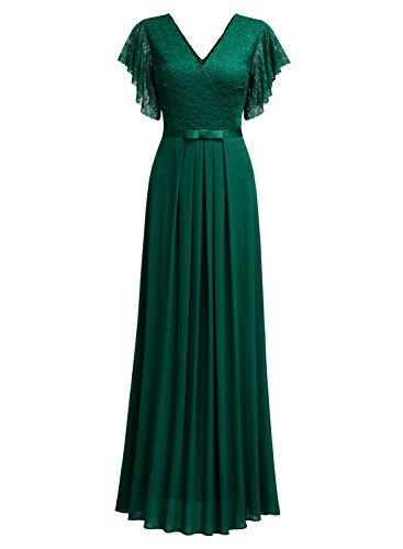 Miusol Damen Aermellos V-Ausschnitt Spitzenkleid Brautjungfer Cocktailkleid Chiffon Faltenrock Langes Kleid Grün XL - 7