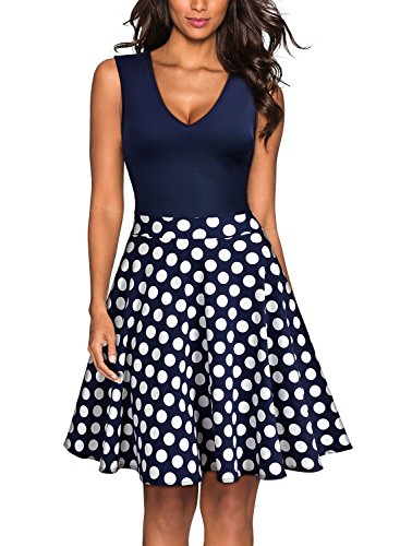 Miusol Damen Sommer Kleid V-Ausschnitt Ärmellos Blume Patterned Mini Casual Kleid Navy Blau-Polka Dots Gr.XXL - 4