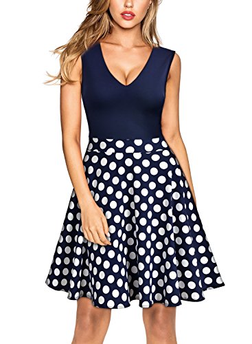 Miusol Damen Sommer Kleid V-Ausschnitt Ärmellos Blume Patterned Mini Casual Kleid Navy Blau-Polka Dots Gr.XXL - 5