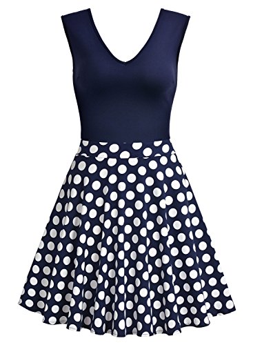 Miusol Damen Sommer Kleid V-Ausschnitt Ärmellos Blume Patterned Mini Casual Kleid Navy Blau-Polka Dots Gr.XXL - 6