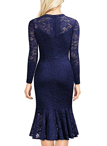 Miusol Damen Elegant Spitzen Cocktailkleid Party Kleid Rundhals Knielanges Lange Ärmel Asymmetric Abendkleider Navy Blau L - 2