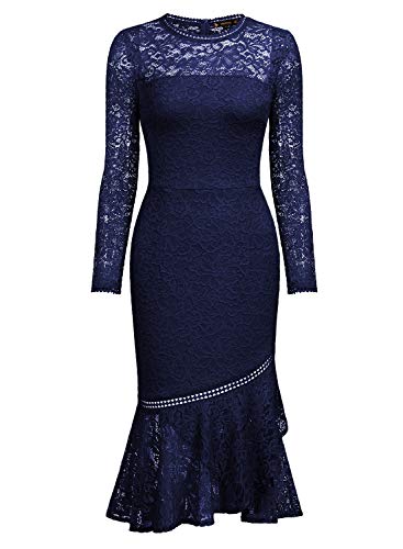 Miusol Damen Elegant Spitzen Cocktailkleid Party Kleid Rundhals Knielanges Lange Ärmel Asymmetric Abendkleider Navy Blau L - 6