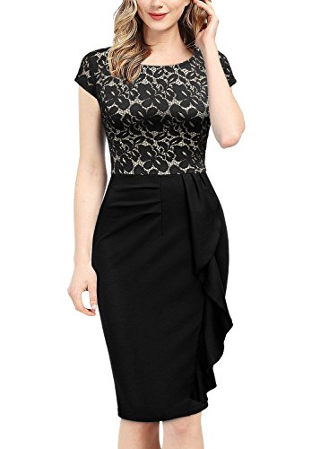 Miusol Damen Spitzenkleid Etuikleid mit Falte Cocktail Pencil Kleid Schwarz Gr.XL - 4