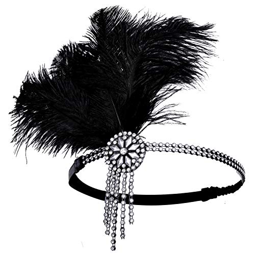 Babeyond Damen Flapper Stirnband Schwarzes Feder-Stirnband Zwanziger Jahre Kristallhaar-Zusätze Tassel Stirnband Straußenfeder - 2