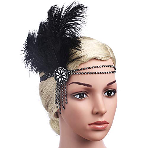 Babeyond Damen Flapper Stirnband Schwarzes Feder-Stirnband Zwanziger Jahre Kristallhaar-Zusätze Tassel Stirnband Straußenfeder - 5