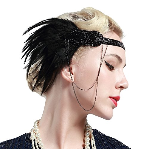 BABEYOND Damen 1920s Stirnband mit Feder 20er Jahre Stil Flapper Haarband Inspiriert von Great Gatsby Damen Kostüm Accessoires (Schwarz) - 2