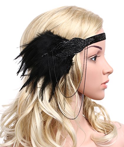 BABEYOND Damen 1920s Stirnband mit Feder 20er Jahre Stil Flapper Haarband Inspiriert von Great Gatsby Damen Kostüm Accessoires (Schwarz) - 4