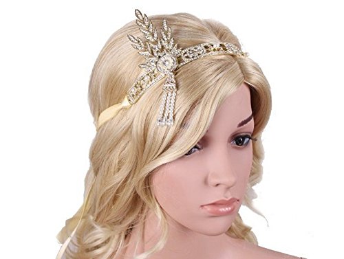 BABEYOND Damen Stirnband Bling Silber Glanz Inspiriert von Great Gatsby Blatt Muster Perlen Stirnband Haar-Tiara Damen 1920 Accessoires (Gold) - 3