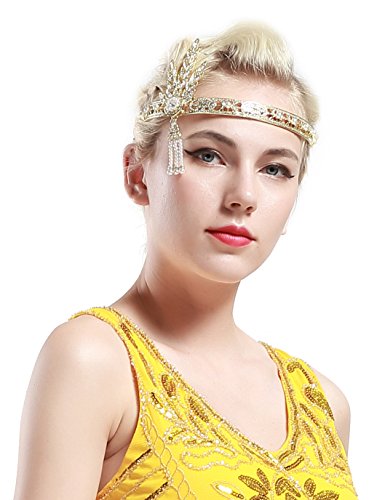 BABEYOND Damen Stirnband Bling Silber Glanz Inspiriert von Great Gatsby Blatt Muster Perlen Stirnband Haar-Tiara Damen 1920 Accessoires (Gold) - 5