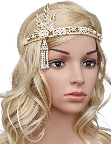 BABEYOND Damen Stirnband Bling Silber Glanz Inspiriert von Great Gatsby Blatt Muster Perlen Stirnband Haar-Tiara Damen 1920 Accessoires (Gold) - 6