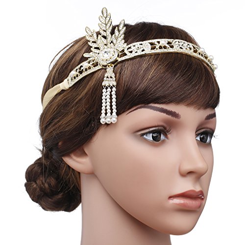 BABEYOND Damen Stirnband Bling Silber Glanz Inspiriert von Great Gatsby Blatt Muster Perlen Stirnband Haar-Tiara Damen 1920 Accessoires (Gold) - 7