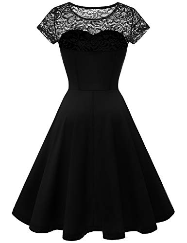 YOYAKER Damen Elagant Vintage Mit Spitzen Rundhals Kurzarm Cocktail Rockabilly Abendkleid Black XS - 2