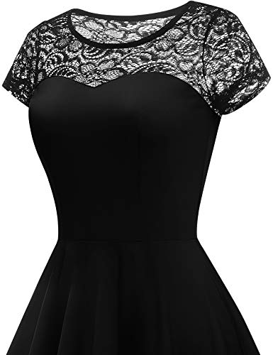 YOYAKER Damen Elagant Vintage Mit Spitzen Rundhals Kurzarm Cocktail Rockabilly Abendkleid Black XS - 5