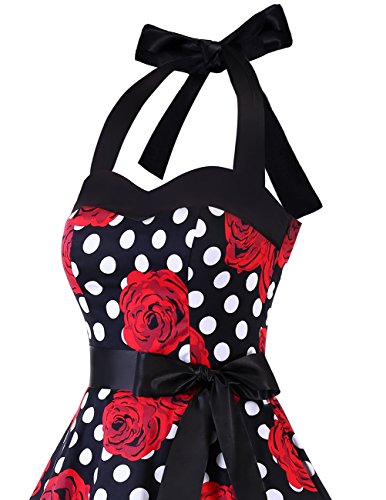 Dresstells Neckholder Rockabilly 1950er Polka Dots Punkte Vintage Retro Cocktailkleid Petticoat Faltenrock Black Red Rose Dot M - 6