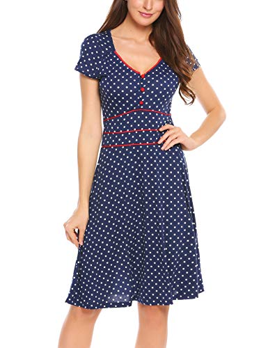 ACEVOG Damen Vintage Gepunktetes Kleid Sommer Knielang mit Kurzarm V Ausschnitt elegant Jersey Kleid Freizeitkleid (M, Blau) - 2